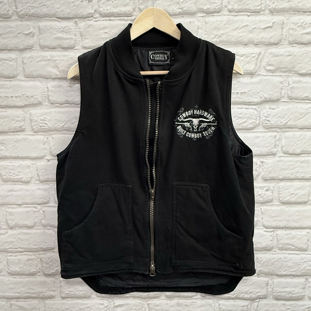 Cowboy Hardware Vest Mens M Black Duck Canvas Western Quilt Lined Embroidered
